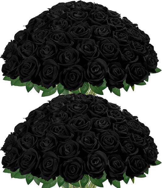 InnoGear 50 Pcs Black Roses Artificial Flowers, Fake Velvet Silk Rose Bulk Faux Flower for Decoration DIY Wedding Centerpieces Proposal Bridal Bouquets Shower Party Home Floral Decor (50, Black)