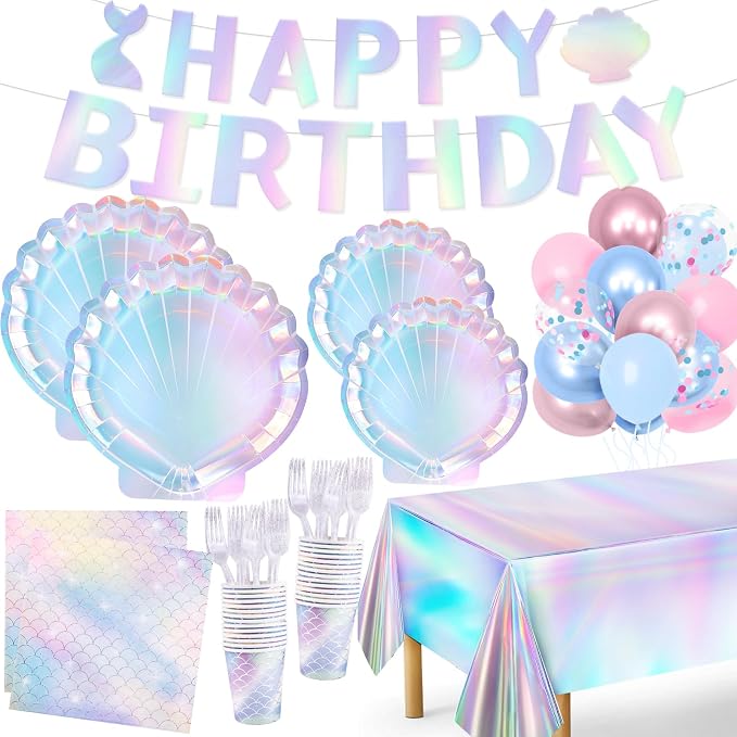 Mermaid Birthday Party Decorations 118Pcs Under The Sea Party Decorations Supplies with Plates Napkins Cups Forks Tablecloth Balloons Banner for Mermaid Theme Decorations Serves 24