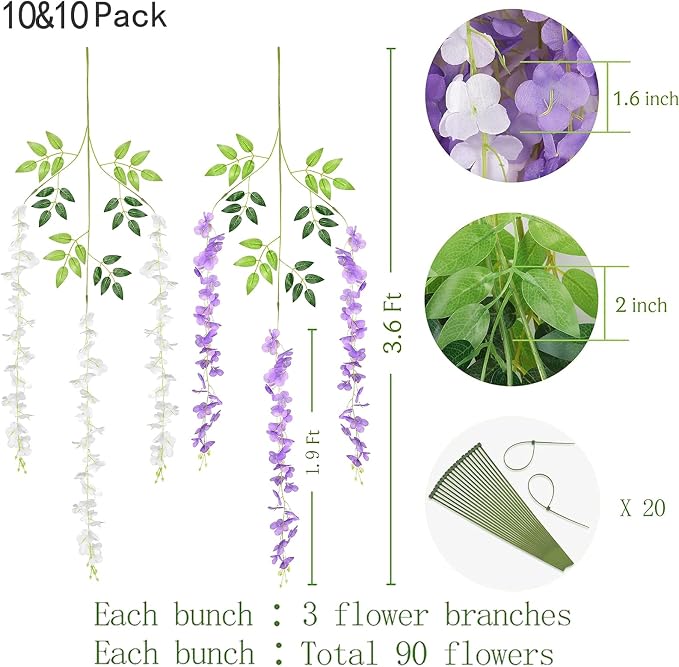 BLEUM CADE 20Pcs White & Purple Fake Wisteria Hanging Flowers, 3.6Ft/Pcs Artificial Wisteria Garland, Hanging Flowers for Wedding Party Home Backdrop Wall Decoration