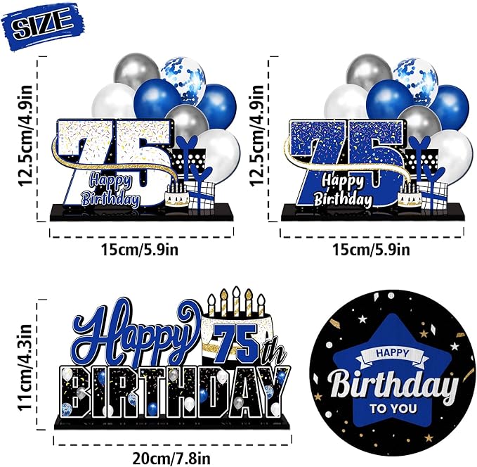 LINGTEER Happy 75th Birthday Blue Acrylic Table Topper Centerpieces Set - Cheers to 75 Years Old Birthday 75th Bday Party Gift Decorations.