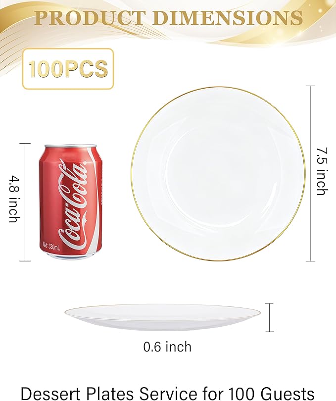 Nervure 100Pieces White with Gold Rim Plastic Plates - 7.5inch Disposable Gold Salad/Dessert Plate - White and Gold Plastic Plates Ideal for Wedding & Party & Mother's Day