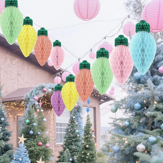 12 Pcs 12" Jumbo Pastel Christmas Light Honeycomb Hanging Decorations 3D Large Light Bulb Shaped Xmas Assorted Colors Honeycomb Ornament for Christmas Classroom Decor