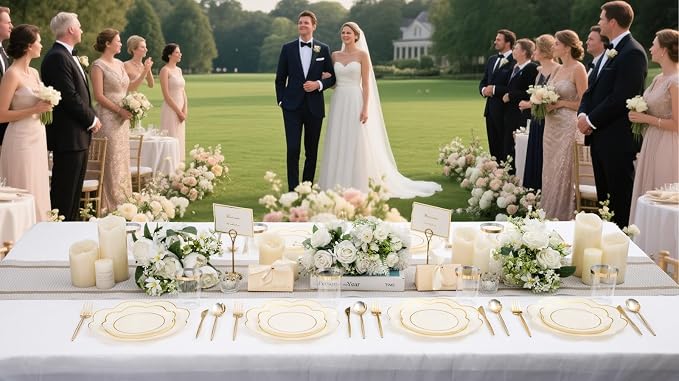 ejonirinjonir EI 180pcs Beige Plastic Plates with Gold Plastic Silverware,Heavy-Duty Disposable Plates for Party,White Dinnerware Set for 30 Guest Wedding,Afternoon Tea,Spring,Valentine's Day,Easter