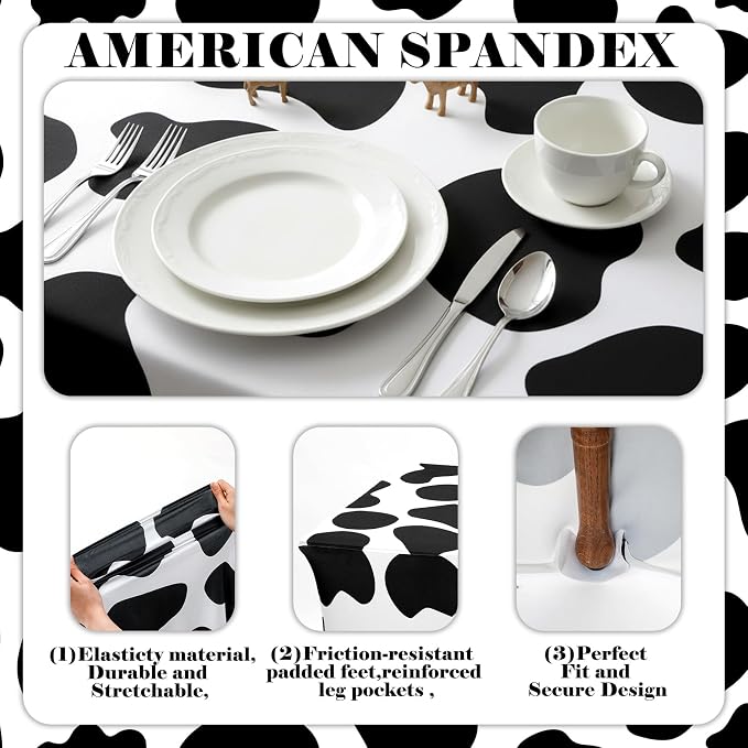 Frienda 2 Pcs Cow Pattern Tablecloth Stretch Spandex Black and White Cow Pattern Table Cover 71 x 30'' Rectangle Tablecloth for Farm Animal Themed Birthday Baby Shower Party Decorations