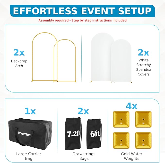 Metal Arch Backdrop Stand and Cover Set - 2 Gold Arches (7.2ft, 6ft) - Water Weights - 2 White Stretchy Spandex Covers, Bags & Case - Wedding, Birthday, Baby Shower, Party Decor