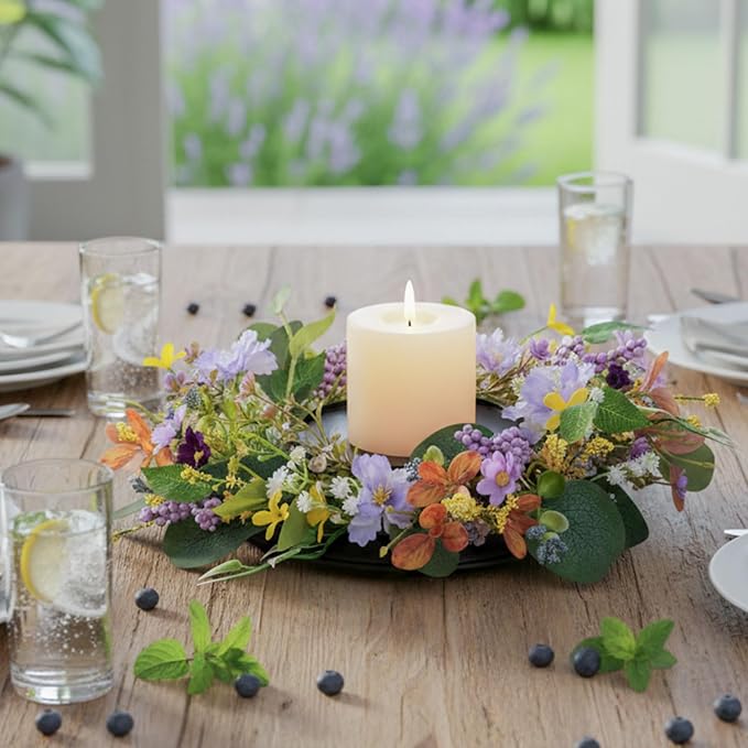 MOYEE Summer Centerpieces for Tables Candle Ring, Black Metal Candlestick with an Artificial Wreaths 14 in Versatile Dining Table Centerpiece Decor (Purple Foam Flower Wreath)