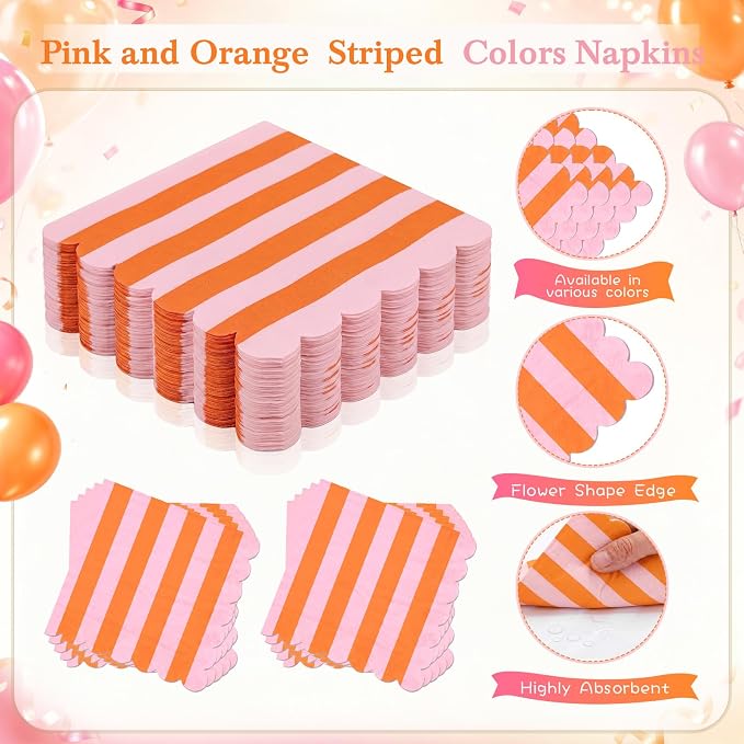 Mimorou 350 Pcs Orange and Pink Striped Paper Plates and Napkins for 50 Guests, Orange Disposable Tableware Plates Cup Napkins Spoon Fork Knife for Sunset Wedding Baby Shower Birthday Party Supplies
