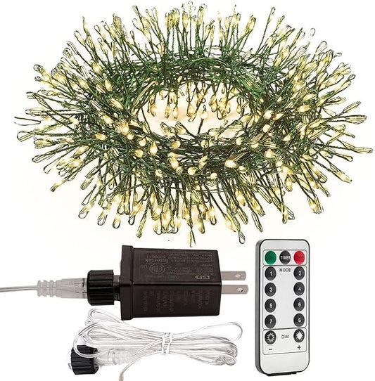 Firecracker Fairy Lights Plug in,33ft 300LEDs Green Wire Cluster String Lights,Waterproof 8 Modes Remote Twinkle Light for Outdoor Indoor Garden Bedroom Christmas Tree Holiday,Warm White