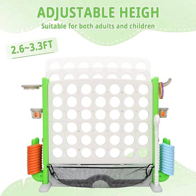 Giant 4-in-A Row Connect Game Set, Height Adjust Jumbo Yard Game for Kids & Adults w/Mesh Catching Bag, Basketball Hoop, Ring Toss & Mini Golf, Family Party 4-to-Score Indoor/Outdoor Games