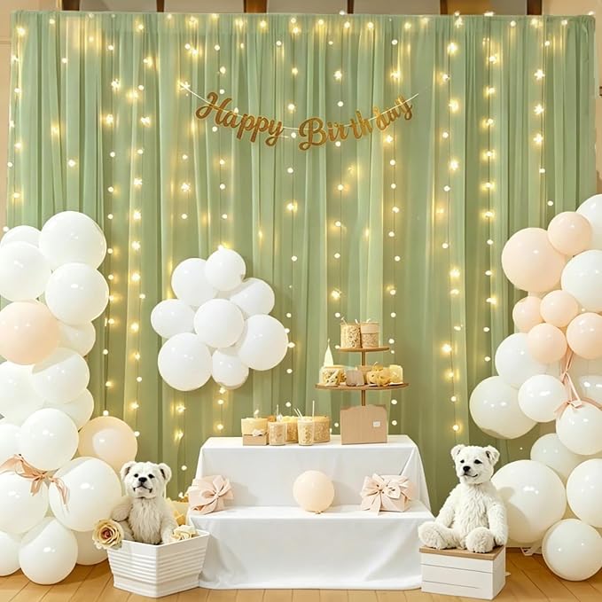 20 x 10ft Sage Green Chiffon Backdrop Curtain with Lights String for Parties,4 Panels Sheer Tulle Curtain Wedding Backdrop for Baby Shower Birthday Party Ceremony Reception Home Decorations