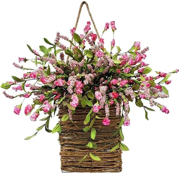 Pink Berry Wildflower Door Hanger Basket Wreath - Spring & Summer Front Door Decor, Mother's Day Hanging Ornament, Seasonal Welcome Basket for Weddings, Parties, Home Decoration