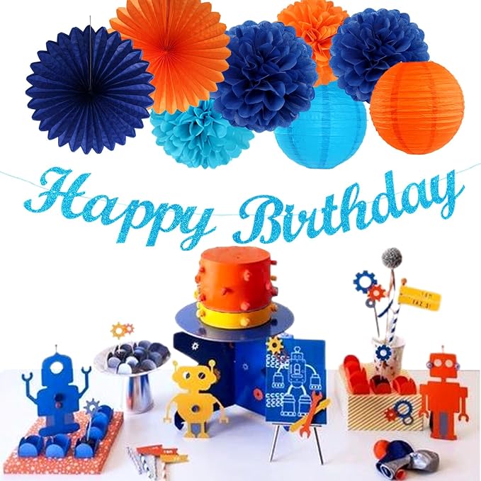 Royal-Light Blue Orange Happy-Birthday Party-Decorations - 31pcs Men Boys Paper Lanterns Streamers Banner,Navy Tissue Flowers Pom Poms Fans Tassels Garland Decor Backdrop Supplies Hugmoon