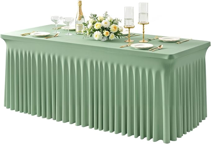 1 Pack Sage Green Spandex Tableclothes for 6 Foot Rectangle Tables, Wrinkle Free 6ft Fitted Table Cover Stretch Table Cloth Desk Skirt for Weddings Baby Shower Birthday Party Banquet Decorations