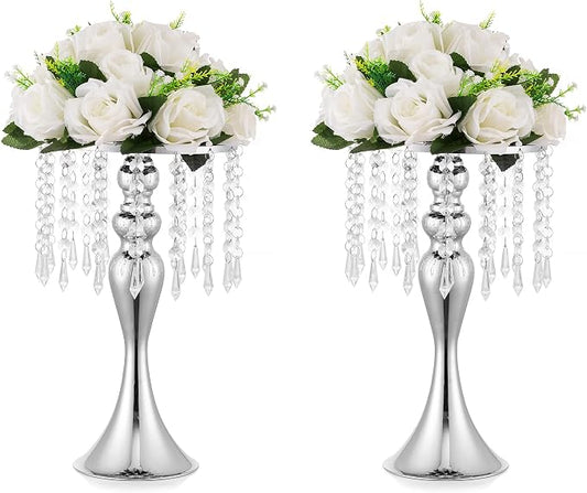Silver Vase Stand Table: 13.8in Wedding Centerpieces, Set of 2 | High End Crystal Design Vase Stand for Wedding Party Reception Birthday Event Home, Tall Table Center Piece