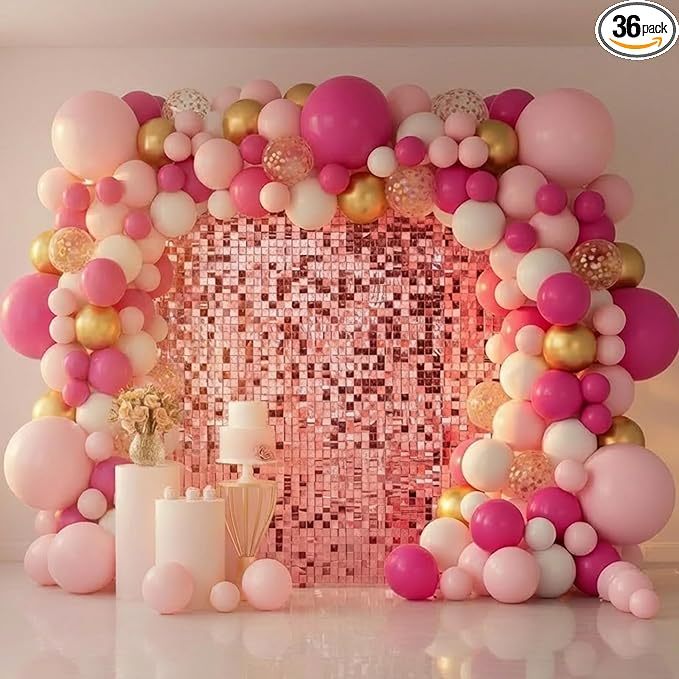 Pink Shimmer Wall Backdrop 36 Panels Cover 6 x 6 Ft, Photo Backdrops for Wedding,Anniversary,Birthday,Party Decoration