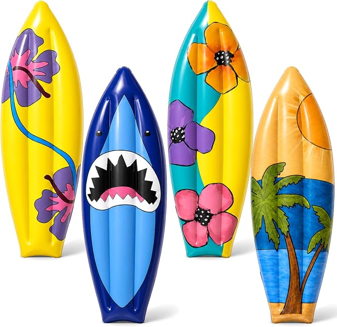 JellyArch 4 Pcs Hawaiian Inflatable Surf Board 36 Inch Inflatable Luau Hawaiian Pool Party Decorations Frangipani Tropical Blow up Surfboard Pool Float Palm Tree for Wall Birthday Beach Party Decor