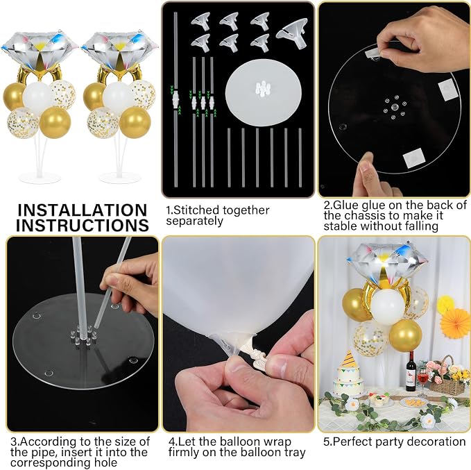 Engagement Party Balloons Stand Kit 2 Sets With 2 Diamond Ring Foil Balloons White Gold Confetti Balloon Centerpiece for Tables for Wedding Bridal Shower Marriage Bachelorette Party Decorations