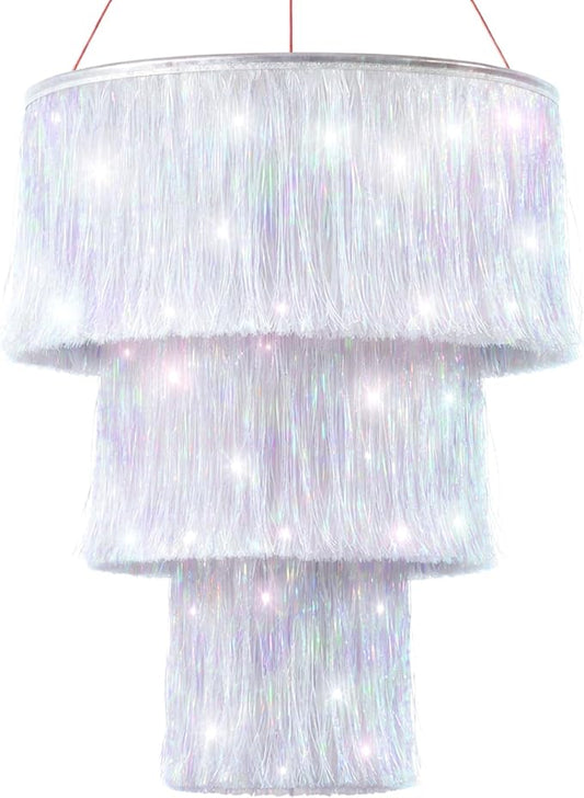 Rossesay 1 Piece 3 Tier Fringe Tinsel Chandelier Fringe Chandelier Decoration Birthday Bachelorette Party Decoration Iridescent Foil Shimmering for Wedding Home (Iridescent White)