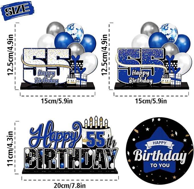 LINGTEER Happy 55th Birthday Blue Acrylic Table Topper Centerpieces Set - Cheers to 55 Years Old Birthday 55th Bday Party Gift Decorations.