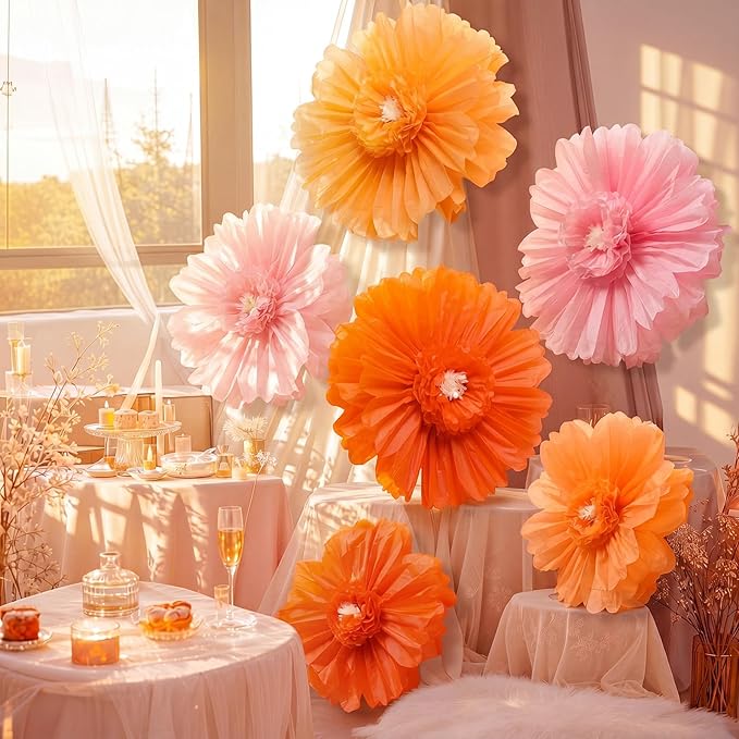 Giegxin 6 Pcs 31.5", 24" Pink, Orange Giant Paper Flowers Pink and Orange Party Decorations Large Crepe Tissue Flowers for Fall Wedding Boho Birthday Bridal Bachelorette Bridal Shower Classroom Decor