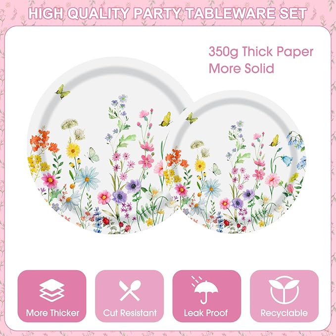 170 Pcs Spring Flower Birthday Party Decorations Sets, Includes Happy Birthday Banner, Floral Plates, Napkins, Cups, Plastic Silverware, Tablecloth for Wildflower Bday Party Supplies Decor, Serve 24