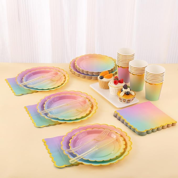 169 Pcs Rainbow Birthday Decorations, Rainbow Plates, Pastel Birthday Plates and Napkins Serves 24, Girls Party, Pastel Party Decorations，Colorful Pride Month