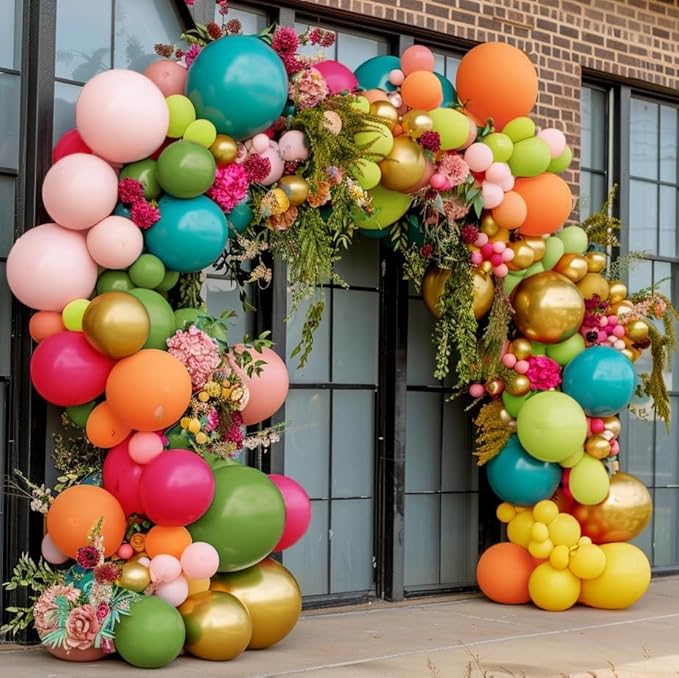 Tropical Balloons Arch Pink Green Orange Gold Balloons Pastel Yellow Teal Balloon Garland For Flamingo Beach Hawaiian Luau Aloha Summer Birthday Baby Shower Party Decorations