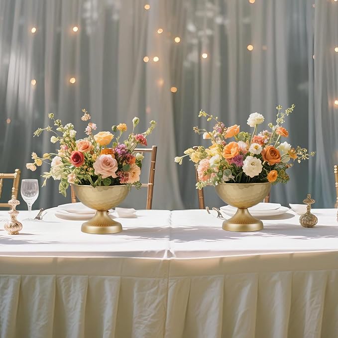 Gold Metal Urn Vases, 7.5 Inch, 2 Pcs | Vintage Hammered, Pedestal Flower Pots, Wedding Centerpieces, Elegant Floral Arrangement
