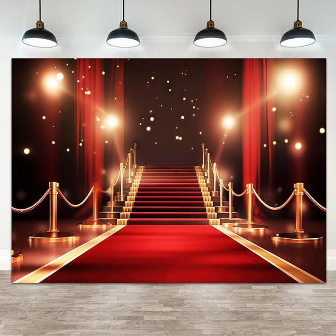 15x8ft Red Carpet Backdrop Golden Red Curtain Photography Background Glitter Dots Stairway Movie Premiere Award Ceremony Catwalks Stage Banner Decorations Kids Portrait Photo Booth Prop