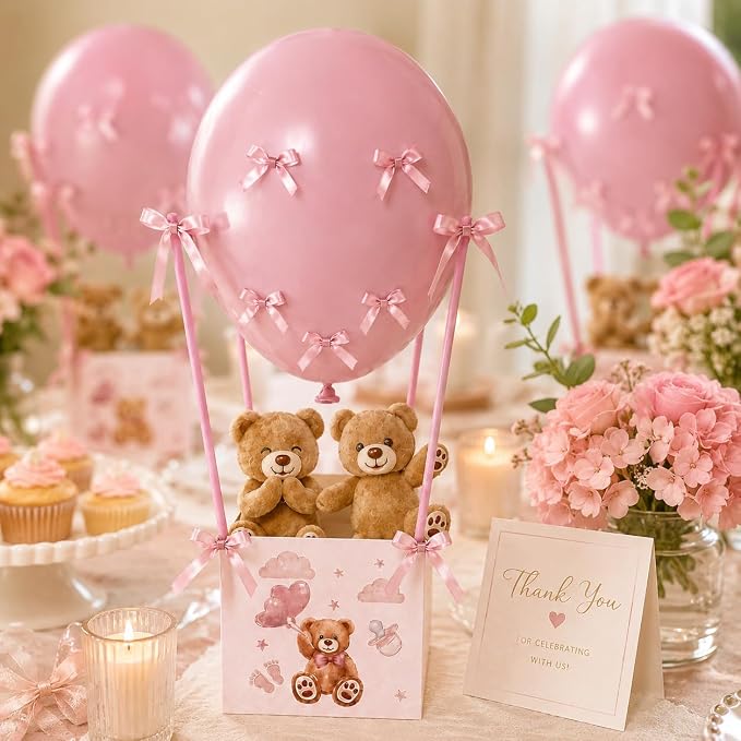 Cinrobiye 12 Sets Teddy Bear Baby Shower Centerpieces for Tables, Bear Favor Boxes with Balloons, Ribbons Paper Straws, DIY Table Decorations for Gender Reveal, Baby Shower, Birthday Party Supplies