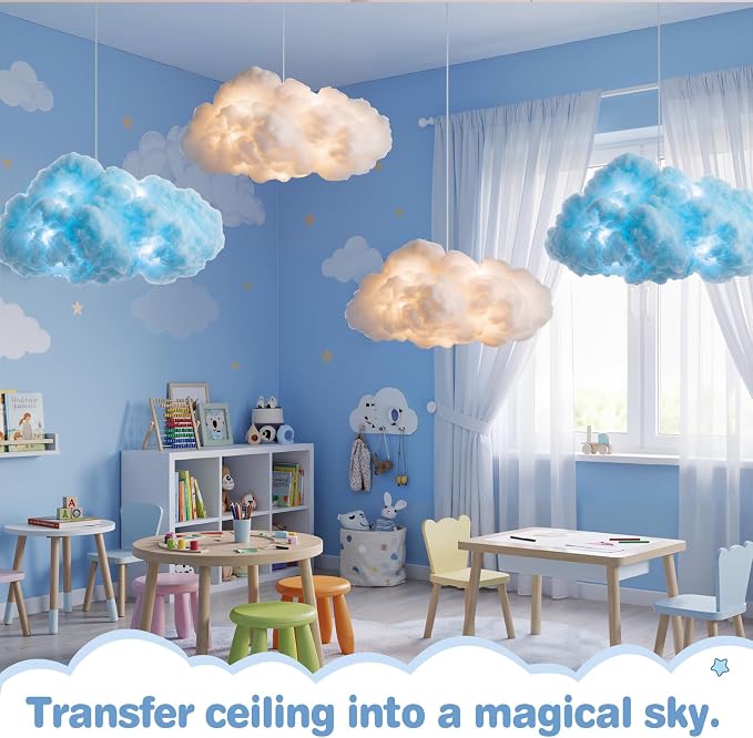 Lewtemi 8 Pcs Artificial Cloud Props with Lights 3D Fluffy Cotton Clouds Decorations 2 Sizes Hanging Clouds with Strings Hooks for Ceiling Room Wedding Party Classroom DIY Kit(White and Light Blue)