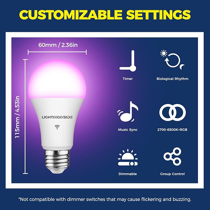 Lightinginside Smart Light Bulbs 100W Equiv., 1350LM 11W Smart Bulb Works with Alexa/Google Home/SmartLife, A19 E26 RGBCW Color Changing Bulbs, No Hub Required, 2.4G WiFi & BLE Bulb, ETL Listed, 2PCS