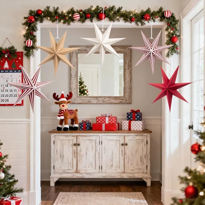 SUNBEAUTY Paper Stars Christmas Party Decorations, 5PCS 6-Pointed Paper Star Hanging Decoration Set Holiday Decor Stars Shape Landerne for Birthday Party Tree Xmas Home Decor