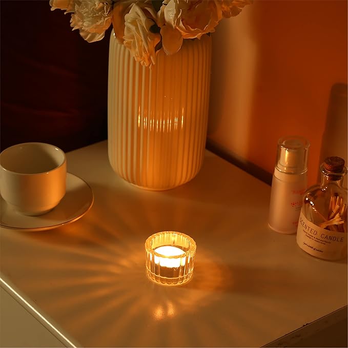 GOLDEAL Round Tealight Candle Holders,Set of 24 Clear Thick Glass Tea Light Candle Holder Decor,Candlestick for Wedding Decor,Party,Baby Shower Party,Bridal Shower Party,Table Centerpiece, Home Décor