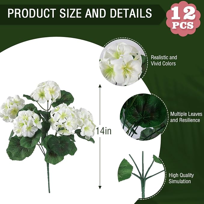Hananona 12 Pcs Artificial Geranium Flowers for Outdoors Geranium White Silk Flowers Outdoor UV Resistant Garden Plants Faux Flowers for Home Kitchen Table Centerpieces Decor (12, White)