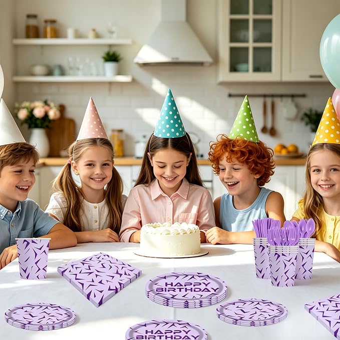 Demon Hunter Party Plates Set 140 Pieces, 20 Guests Heavy-Duty Disposable Dinnerware Set Includes Purple Holographic Laser Energy Pattern Plates, for Birthday Wedding for Party