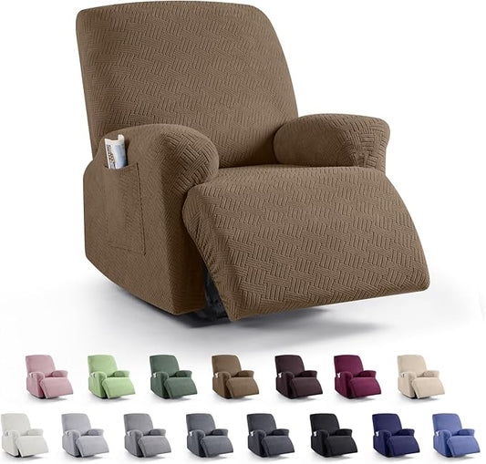 KinCam Recliner Covers, Stretch Reclining Chair Covers, Recliner Sofa Slipcovers Stripe Jacquard Recliner Couch Covers Furniture Protector Covers for Pet Kid (1 XL Seater, Brown)