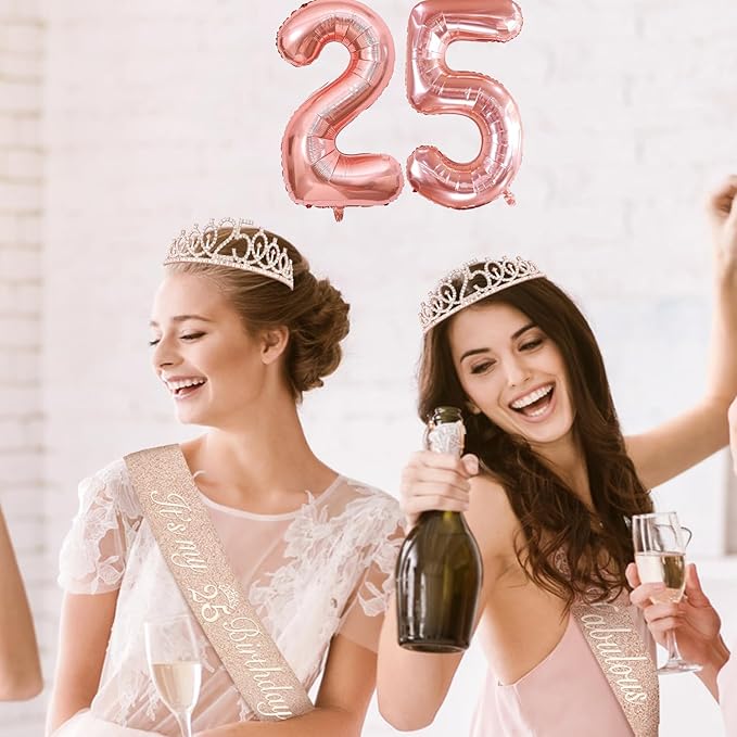 25th Birthday Decorations for Women Include 25th Birthday Sash and Tiara, Cake Topper and Candles, Number Balloons, Greeting Card, 25 Year Old Gifts for Women