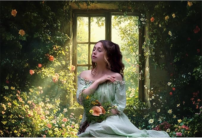 Baocicco 10x8ft Spring Window Photography Backdrops Sunshine Oil Painting Flowers Background Cloth for Marriage Valentines Mothers Day Engagement Party Decoration Photo Props Background Supplies