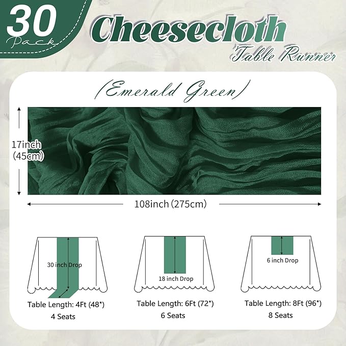 30 Pack Emerald Green Cheesecloth Table Runner 17 x 108 inch Cheese Cloth Table Runners 9ft Green Table Runner Rustic Romantic Sheer Gauze Runner for Wedding Party Baby Shower Table Decoration