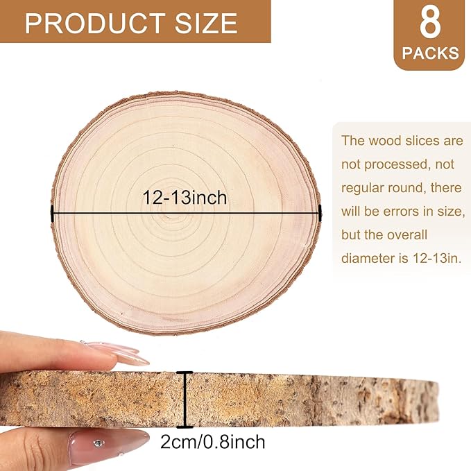 Adrattnay 8pcs Wood Slices for Centerpieces 12-13Inches, Round Paulownia Wood Circles for Table Decor, Rustic Wedding, Baby Shower, Party, Home Decoration and DIY Crafts