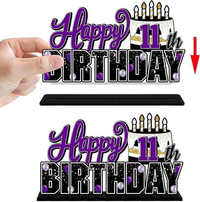 LINGTEER Happy 11th Birthday Purple Acrylic Table Topper Centerpieces Set - Cheers to Eleven Years Old Birthday 11th Bday Party Gift Decorations.