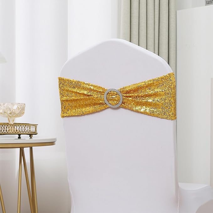 Pack of 50 Spandex Sequins Chair Sashes Gold Chair Bands with Buckles, Chairs Bows Ties for Party Wedding Fiesta Decor - Sequin Gold Chair Sash