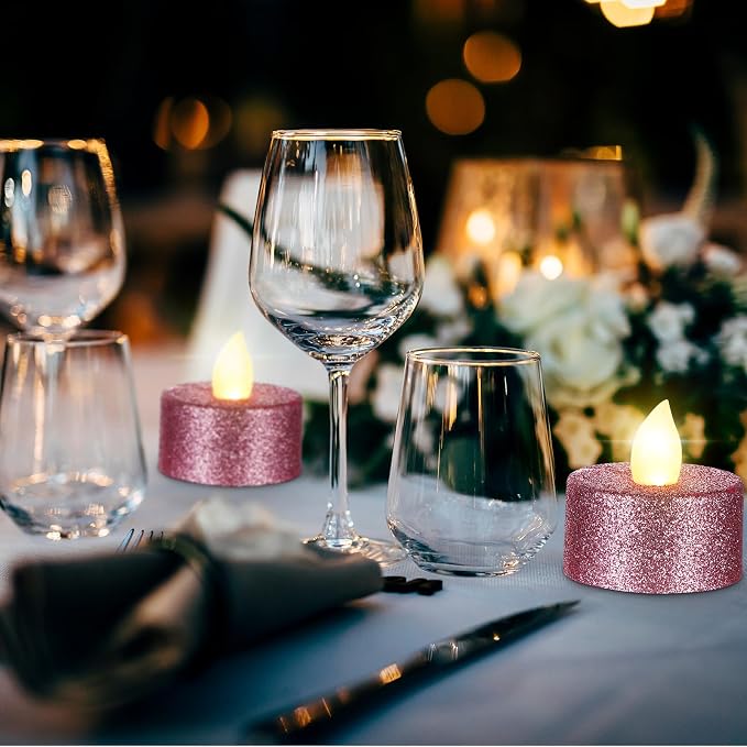 Retisee 48 Pcs Flameless LED Tea Lights Glitter Electric Fake Candles for Centerpieces Battery Operated Anniversary Decorations Romantic Winter Decor for Wedding Christmas Birthday (Pink)