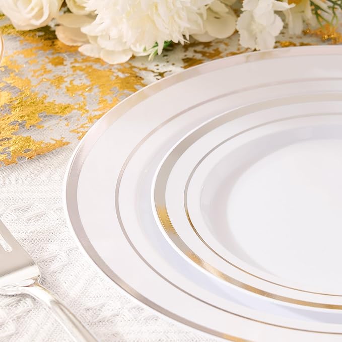 Fijinhom 100PCS Silver Plastic Plates, Disposable Plates with 50PCS 10" Dinner Plates & 50PCS 7" Dessert Plates for 50 Guests, Plastic Party Plates for Wedding, Birthday, Silver