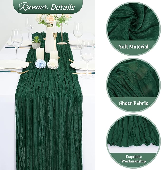 10 Pack Emerald Green Cheesecloth Table Runner 10FT Boho Romantic Gauze Table Runner 20 x 120 Inch Rustic Sheer Runner for Wedding Party Bridal Shower Thanksgiving Christmas Decoration