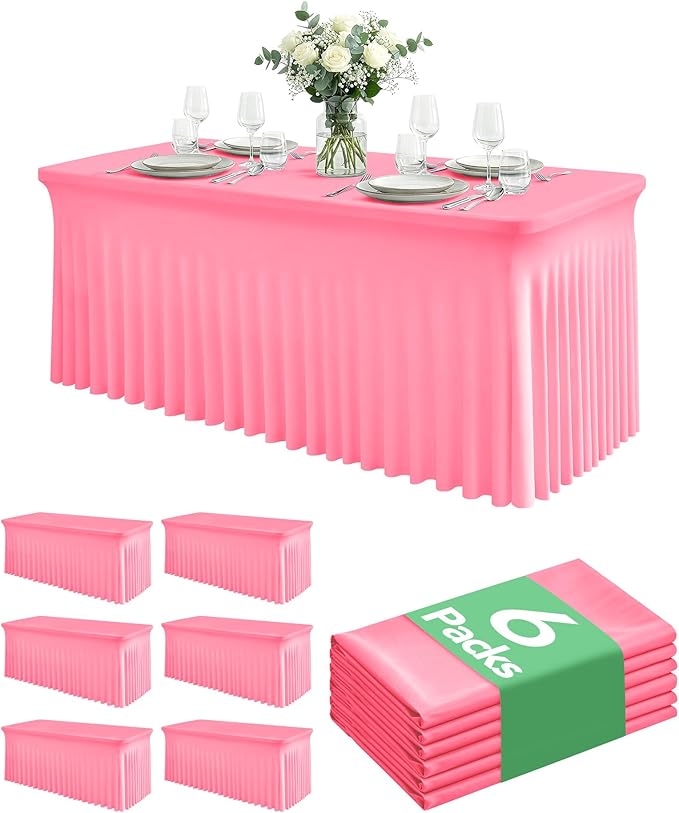6 Pack Spandex Table Cover Skirts for 6ft Rectangle Tables, Pink Stretch Table Cloths with Floor-Length Ruffle, Elastic Fitted Skirted Tablecloth for Elegant Wedding Banquet Party Buffet Decoration