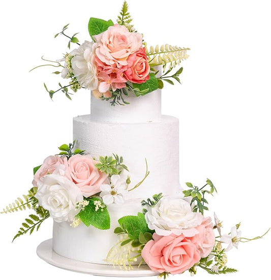 TINGE TIME 3Pcs Pre-made Cake Toppers，Silk Artificial Flowers Decor，Cake Decorations for Weddings, Birthdays, Party,Baby Shower,Celebration (PeachPink&White)