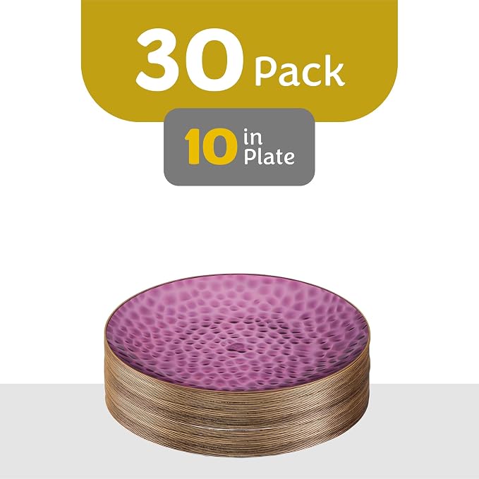 PLASTICPRO 30 Pack Hammered Plastic Plates Heavyweight Disposable Elegant Translucent Purple Hammered Platsic Party Dishes with Gold Rim (Hamered Purple With Gold Rim, 10'' INCH PLATES)