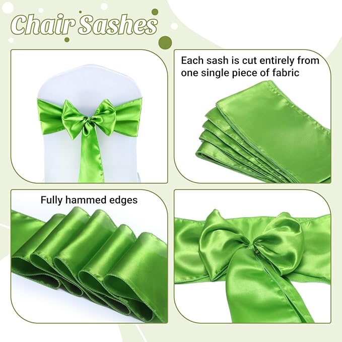MDS Satin Chair Sashes, 125 Pack, 7”x108” Each, Decorative Chair Bows Ribbon Tie Backs for Wedding Party, Holiday Dinner, Birthday, Reception, Banquet, Hotel & Event Decoration - Parrot Green